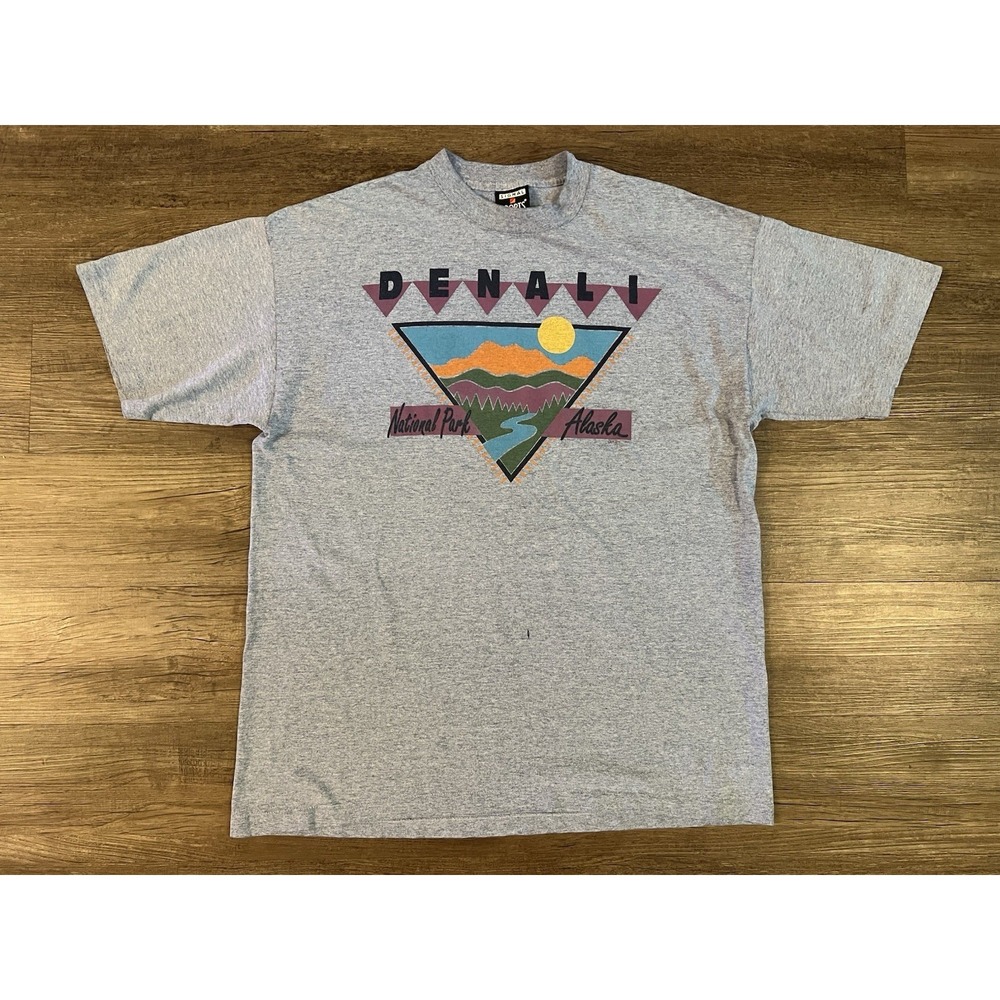 Vtg 90s Denali National Park T Shirt Large Gray Mt. McKinley Alaska Graphic A9